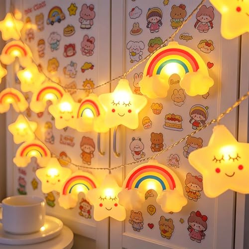 ZingBox Stern Regenbogen Lichterkette, Lichterkette Kinderzimmer, Batterie, 1,5 m 10 LEDs Warmweiß Innen LED Lichterkette für Kinderzimmer Nachttisch Schreibtisch Geburtstag Party Hochzeits Deko