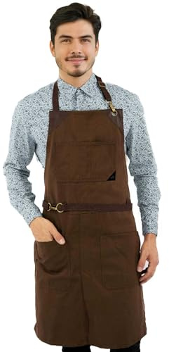 Under NY Sky No-Tie Chocolate Brown Apron - Durable Twill with Leather Reinforcement and Split-Leg - Adjustable for Men and Women - Pro Barber, Tattoo, Barista, Bartender, Baker, Hair Stylist, Server