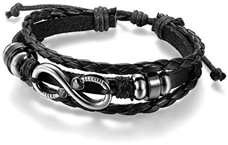Flongo Pulsera de acero inoxidable para hombre y mujer, símbolo del infinito, pulsera de piel, estilo surfista, para muñecas de 20-25 cm, cuero trenzado, pulsera ajustable