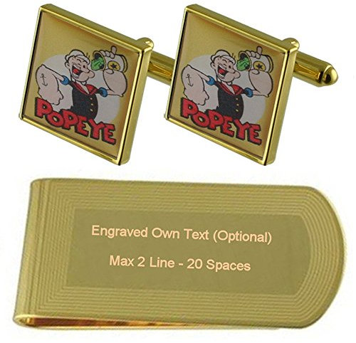 Popeye Cartoon Gold-Manschettenknöpfe Geldscheinklammer Gravur Geschenkset