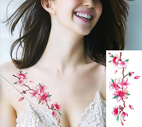 EROSPA® Tattoo-Bogen temporär - Blütenzweig - Pink Weiß Grün Braun - 19 x 9 cm