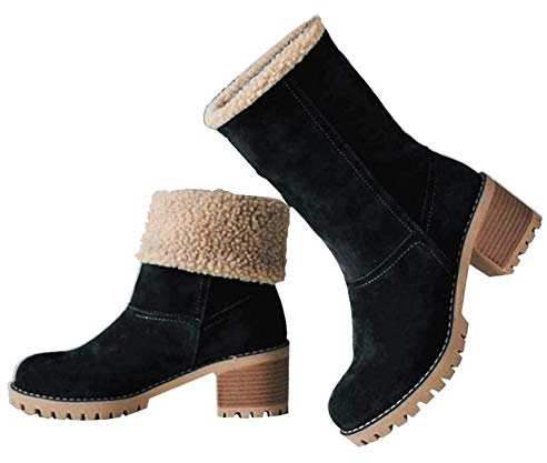 VIMISAOI Winter Boots for Women, Comfortable Slip On Mid Chunky Heel Suede Warm Snow Ankle Boots Outdoor Shoes