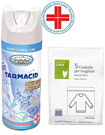 HYGIENFRESH Tarmacid Spray Antitarme Antiacaro Professionale per Tessuti - Ambiente-Guardaroba-Cassetti - fragranza Fresh Laundry, 400ml più 5 Pezzi custodie per Maglioni con Cerniera.