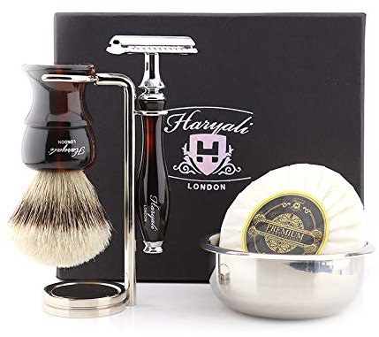 Haryali London Double Edge Safety Razor With Silver Tip Badger Hair Brush, Stand, Soap And Bowl Shaving Kit For Mens Perfect New Year Gift Set