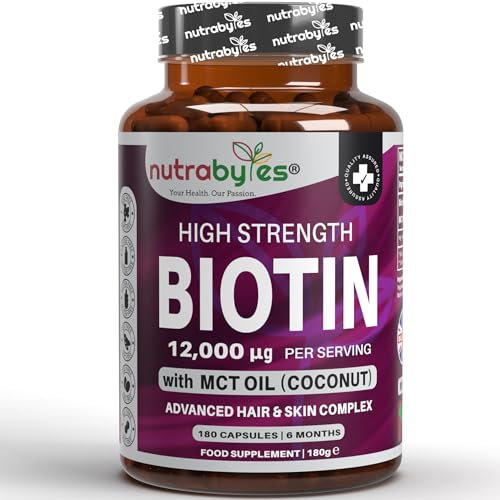 Nutrabytes High Strength Biotin 12,000mcg, 180 Capsules | Hair, Skin & Nails Complex Beauty Supplement with MCT Coconut Oil | Advanced Supplements for Energy, Brain & Heart Health | 6 Month Supply
