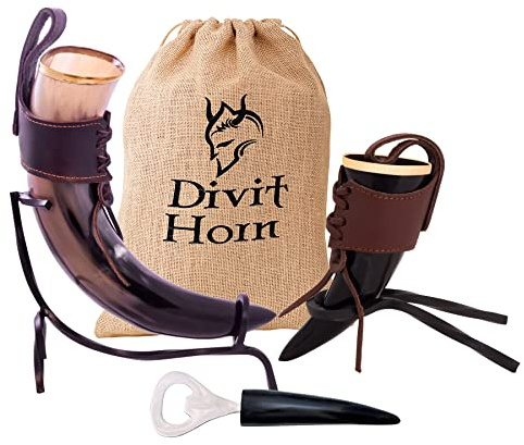 Divit Horn de Viking pour Boire, Coup de Corne, Ouvre-Bouteille (Ensemble de 3 Pièces) | Authentique Médiévale pour Bière | Sac Cadeau en Lin Inclus (16 oz, Cuir, Poli)