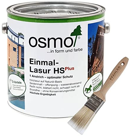 OSMO Einmal-Lasur HS Plus (Kiefer 9221) 2,5 Liter + Flächenstreicher Pinsel von Pfahler Gratis. Dekorativer, seidenmatter Holzschutz-Anstrich auf Naturölbasis für Holz im Außenbereich.