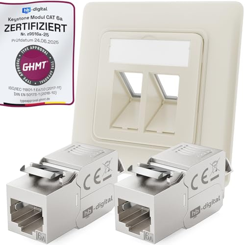 hb-digital 2-Port CAT 6a Netzwerkdose unterputz RAL9010 + 2X CAT 6a Keystone RJ45 Modul LAN Ethernet Keystone Dose Buchse Einbaubuchse für CAT 5e CAT 6 CAT 6a max. 10 Gbit/s STP - Reinweiß