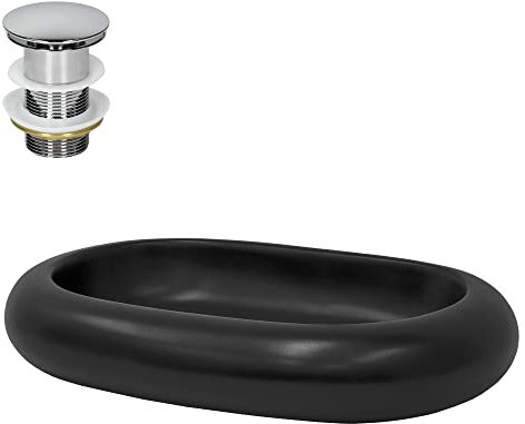 ML-Design Lavabo en Céramique Noir Mat, 650 x 450 x 110 mm, Ovale, avec Bouchon de Vidange 1 1/4 Universel Push Open, Vasque à Poser Évier Lave-Mains pour Salle de Bain, Design Minimaliste