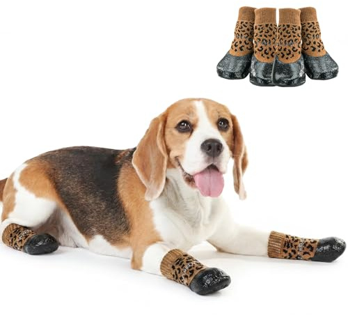 Hjumarayan Anti-Rutsch Hundesocken für Glatte Böden | Pfotenschutz Socken mit Rutschfester Gummisohle | Elastisch & leicht anzuziehen | Ideal für Indoor, Fliesen | Toy Pudel, Leopardenmuster (1#)