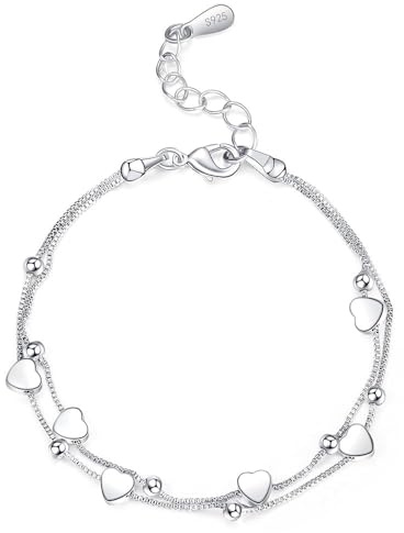 XOEMEL Silver Heart Bracelet Sterling Silver Bracelet for Women Layered Charm Bracelets for Women Ladies Silver Bracelets Friendship Bracelets Women's Jewellery