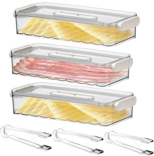 3PCS Cheese Saver 2.6 L/110 Oz,Bpa-Free Cheese Storage Cheese Container for Fridge,Timing Cold Meat Container with Lid and Clip,Reusable Food Storage Containers for Sausage/Cold Cuts/Cheese Slice