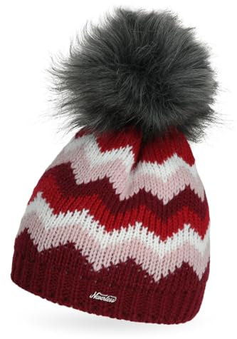 Neverless® Damen Strick-Mütze gefüttert Fleece Fell-Bommel Kunstfell Winter-Mütze Bommelmütze Grobstrick Mehrfarbig Bordeaux Unisize