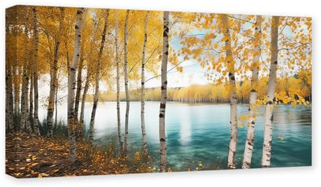 CXHOSTENT Weiße Birke Leinwand Wandkunst Gelber Wald Gemälde Druck Seelandschaft Bilder Modernes Wohnzimmer Dekor Rahmen (Birke - 1, 30.00 x 60.00 cms)