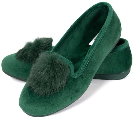 JOMIX Scarpe Ballerine Donna Invernali Ciabatte Ragazze in Velluto Rasato Pantofole Chiuse Eleganti Leggere Pelose Morbide Calde da Casa con Pompom ES2027-9 (Verde, 36)