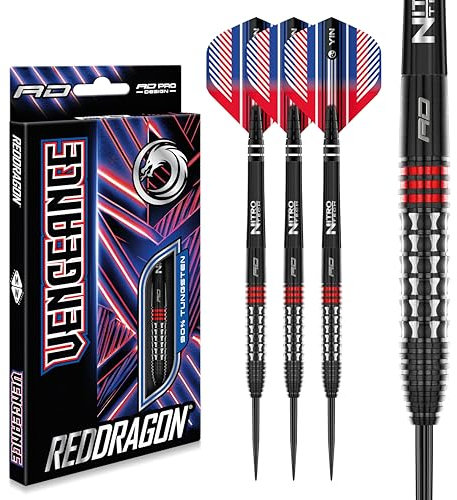 RED DRAGON Vengeance Red 24 Gramm Premium Wolfram Steeltip Dart Set mit Flights und Schäften
