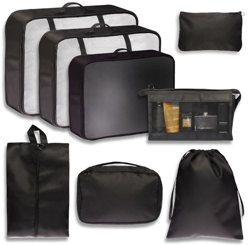 Smart-Planet 8-teilig Koffer Organizer Schwarze Kleidertaschen Packing Cubes für Reisen Ordnungssystem für Koffer und Gepäck im Urlaub - Packwürfel Set