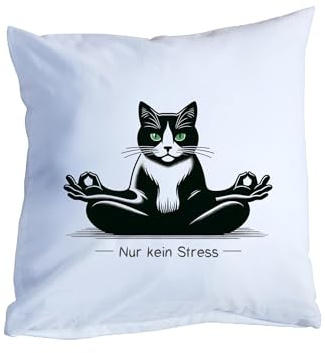 Fördeblau Dekoratives Katzen-Zierkissen 40x40cm, 'Nur kein Stress' - Entspannendes Kissen für Katzenliebhaber als Geschenk mit Katzenmotiv