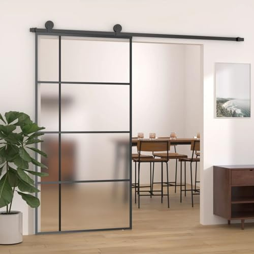 Gecheer Puerta Corrediza, para Interior, en Vidrio ESG y Aluminio, Negro y Vitrificado, 102,5x205 cm, Puerta Corrediza de Vidrio y Aluminio, Puerta para Interior