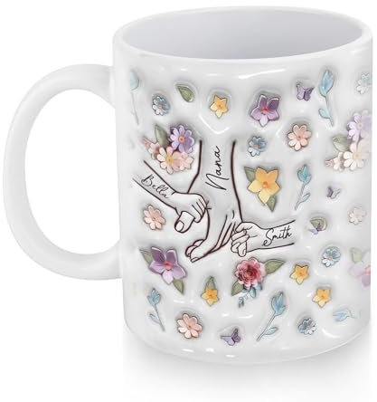 Jacklin F You Hold Our Hands Also Our Hearts Taza, Taza de Café Personalizada con Efecto 2D Impresa para Mamá con Nombre de Niños, Taza floral para el día de la Madre,Taza de Café para Mamá