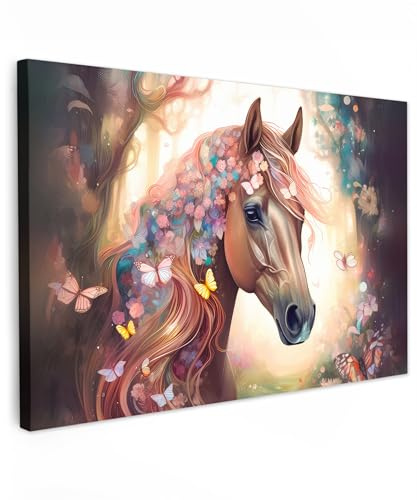 MuchoWow© Leinwände Groß XXL Wall Decoration Bilder Kinderzimmer Mädchen | 120x80 cm - Pictures Canvas Painting Wanddekoration Jugendzimmer Deko Mädchenzimmer Pferde - Natur - Blumen - Schmetterling