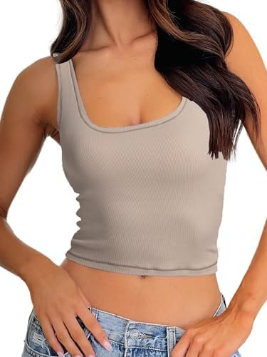 Danysu Dam ribbad linne vadderad träningstopp fyrkantig hals magtank anpassad basic cami-toppar, Havre mjölk, XL