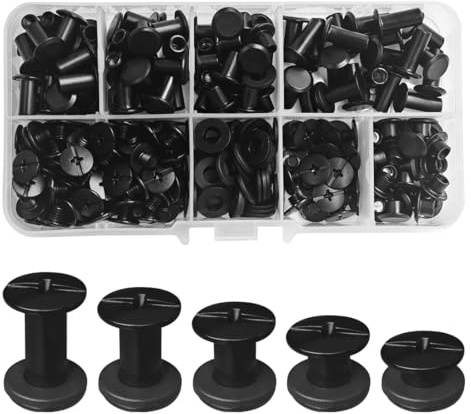 SHSMPXOY 100 Juegos Remaches Tornillo de Encuadernacion,M5*4/6/8/10/12mm Tornillos de Chicago,Remaches de Tornillo Remaches Para Cuero Reparación para Bolsos, Libros, Collares,Correas (Negro mate)