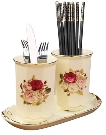 Porta Mestoli da Cucina Caddy for posate in stile corte europea, portautensili in ceramica con motivo rosa, squisito portaposate portaposate for l'arredamento della cucina Portautensili da cucina