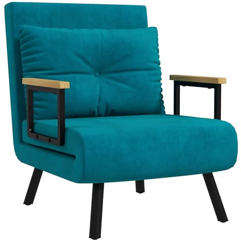HOMCOM Divano Letto con Schienale Regolabile in 5 Livelli, Divano Letto Pieghevole con Cuscini per Soggiorno, in Tessuto Imbottito, Acciaio e Legno, 63x73x81 cm, Blu scuro