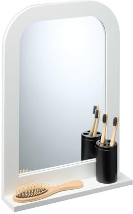 Relaxdays Specchio da Parete da Bagno, con Mensola, Specchiera con Ripiano Portaoggetti, HLP: 54x38x8,5 cm, MDF, Bianco, Fibra di Legno