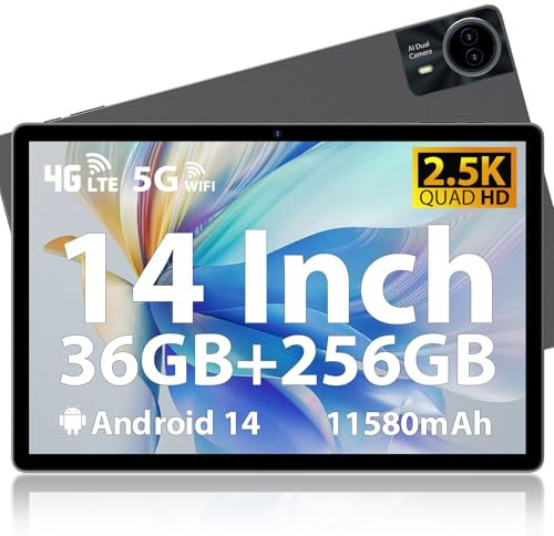 MAXLEGEN Tablette Android 14, Ecran 14 FHD 2,5K, 36Go RAM + 256Go ROM(1To Extensible), Android Tablette Tactile avec SIM 4G LTE/5G WiFi/GPS/13MP/Octa-Core/11580mAh, Étui, Écouteurs, Stylo Inclus