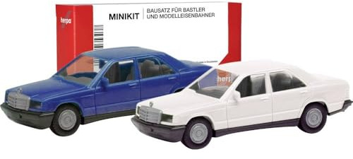 Herpa Modellbausatz MiniKit Mercedes-Benz 190E, 2er Set, Blau/Classicweiß, Miniatur im Maßstab 1:87, Sammlerstück, Kit für Modellbau, Kunststoff