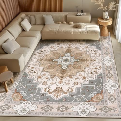 BSGIFT vardagsrumsmatta, 160 x 230 cm, tvättbar matta, boho vintage kort lugg stor matta för sovrum, matsal, halkfri vardagsrumsmatta, orientaliska mattor, beige
