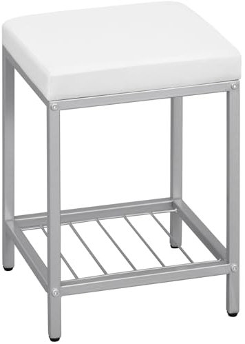 eSituro Sitzhocker Schminkhocker, Badhocker Badezimmerhocker mit Ablage, Polsterhocker mit Ablage, rechteckiger Hocker Schminktisch Couch Sofa, aus Leinen Metall, Weiß+Silber