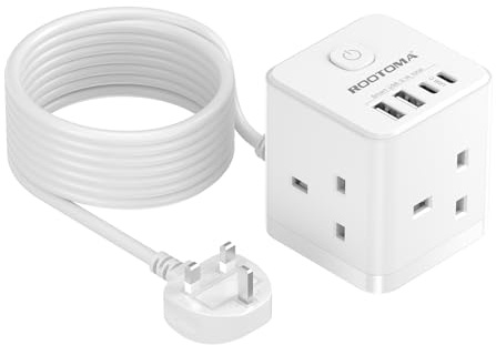 Extension Lead 5M with 4 USB Slots, 3 Way Cube Power Extension | 5M Long Extension Lead with 4 USB (5V/3.1A 15.5W), 3 Way Small Tower, for Home Office Dorm Room, 13A/3250W