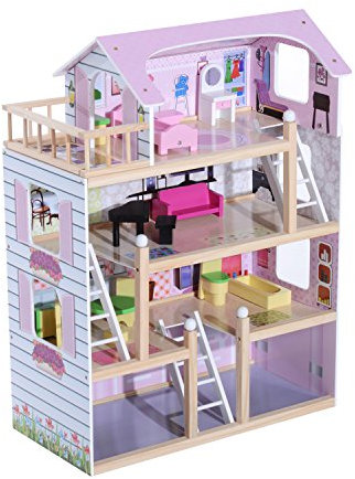 HOMCOM Casa de Muñecas de Madera con Muebles de 4 Niveles Altura 80,5 cm con 13 Accesorios Casita de Muñecas para Niñas Jueguete para Niños 60,5x30x80,5 cm Rosa
