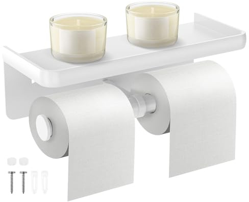 Porte-rouleau de papier toilette, double support de papier toilette avec étagère, support mural avec 2 vis, en alliage d'aluminium, distributeur de papier toilette, accessoire de salle de bain (blanc)