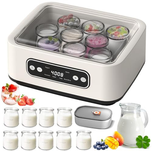 Yogurtera automática para el hogar, eléctrica, con 9 Vasos de Vidrio y Recipiente de Acero Inoxidable de 1,6 l, Temporizador de 12 h y Temperatura Ajustable. Ideal para Yogur casero.