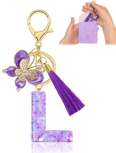 Porte-clés pour Fille Lettre, Porte-clés pour Femme avec Lettre Initiale, Alphabet Pendentif Initiale en Résine, Keyring avec Pendentif Amour et Pampille, Cadeau pour Femme (L, Purple)