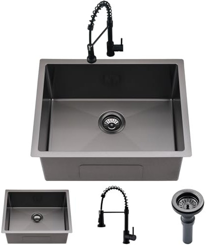 DEJIKOKU Unterbau-Waschbecken mit Wasserhahn, 23x18x12 schwarzes Edelstahl-Waschbecken, Unterbau-Waschbecken, Waschküchen-Spüle, 16 Gauge, Einzelbecken, tiefes Waschbecken