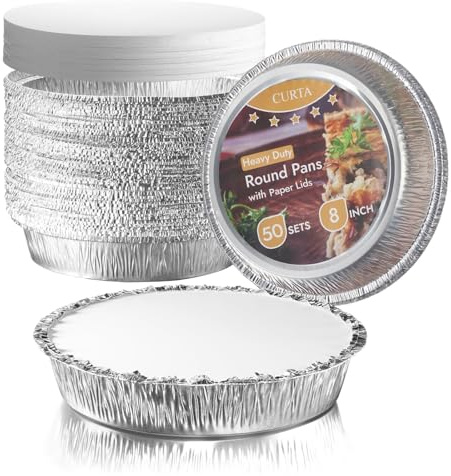 CURTA 50 Pack 8 Disposable Aluminum Foil Pans with Paper Lids | Great for Broiling, Baking, Storage, Roasting, Takeout, Air Fryer