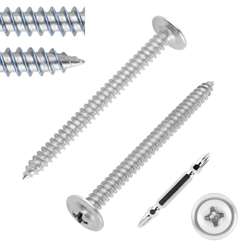 FandWay M4,2x50mm Blechschrauben,80 Stück Holzschrauben Tellerkopfschrauben Mit Scheibe,Edelstahl 410 Selbstschneidende Schrauben,Selbstbohrschrauben mit 1 Bits fur Alu Holz Kunststoffe.