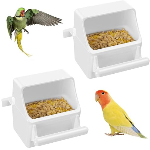 Pawfly 2 Pezzi Mangiatoia per Uccelli da Gabbia - Dispenser Cibo/Acqua con Ganci e Trespolo per Pappagalli Parrocchetti Calopsite e Canarini