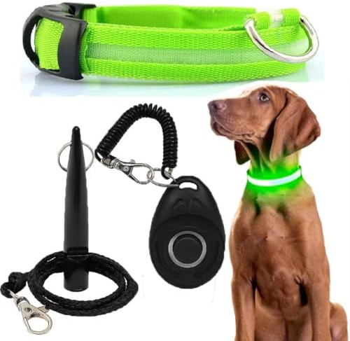 NAKOSITE LED-ljushalsband Hund + Hundvisselpipa + Clicker Hund – Justerbar Storlek, 3 Ljussätt, Hög Synlighet upp till 500m, Nattsäkerhet för små till stora hundar (Grönt)
