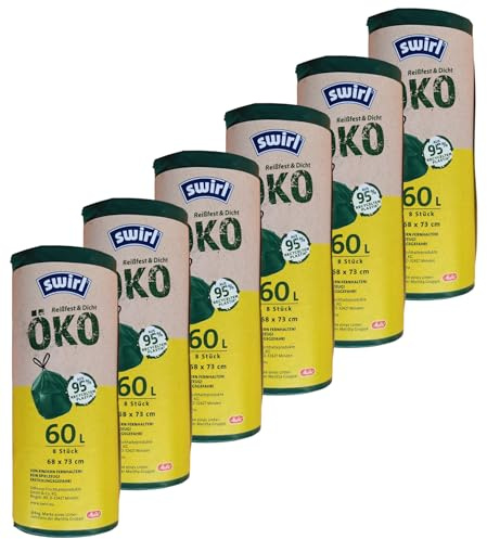 6x Swirl Öko Müllbeutel 60L Reißfest & dicht 60L - nicht kompostierbar - 6 Rollen mit je 8 Beuteln 68x73 cm