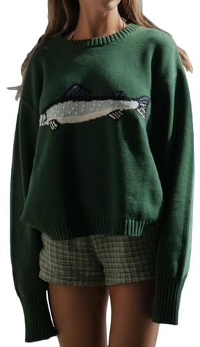Muspeczenith Women Y2K Fish Graphic Sweater Pullover Long Sleeve Crew Neck Oversized Knit Top Fall Winter Going Out Knitwear (Dark Green, S)