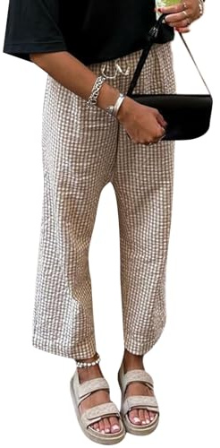 FeMereina Pantalon ample imprimé à carreaux pour femme - Taille élastique - Jambe large - Imprimé vichy Y2k - Ourlet à volants