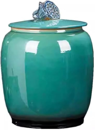 ATRBNCX Chinese Rice Dispenser, Ceramic Rice Jar With Green Lotus Seed Shape Lid, Food Storage Jars, Barrel Kitchen Flour Bucket Contenedor Para Arroz(Size:Capacity 25kg)