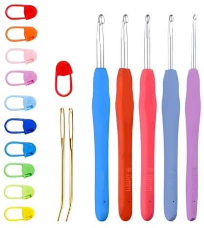 GNHG GMDP 5 Pcs uncinetto set per borse: 6,5 mm, 7 mm, 8 mm, 9 mm, 10 mm,Ganci Grandi e con Aghi e pennarelli per Punto,Con 10 pennarello e 2 spille di lana