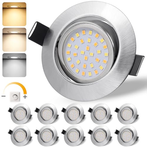 GeyouLux LED Einbaustrahler 230V Dimmbar, IP44 Deckenspots, 65-75mm EinbauØ | 6W 45° Schwenkbar Einbauleuchten 3000K Warmweiß 4000K Neutralweiß 6500K Kaltweiß Ultra Flach Einbauspots, 10er Set Nickel